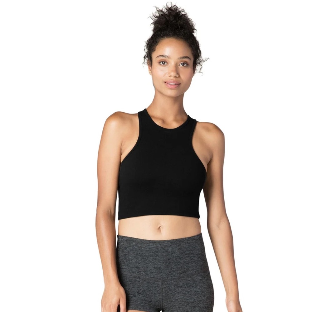 Beyond Yoga Spacedye Studio Cropped Tank Darkest Night Crossback Logo Size M